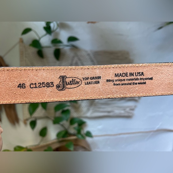 Justin Western Tooled Leather Belt Feather Scroll Design Black Brown Size 46 - Picture 12 of 12